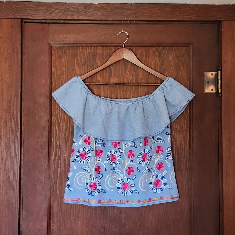 Skies are Blue Off the Shoulder Floral Embroidered Blouse
